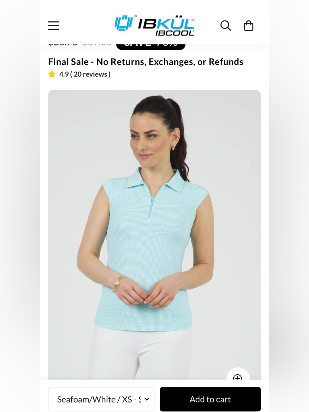 IBKUL  Women’s Sleeveless Zip-Collar Polo Top-Mini Check Seafoam/White XXL NWT